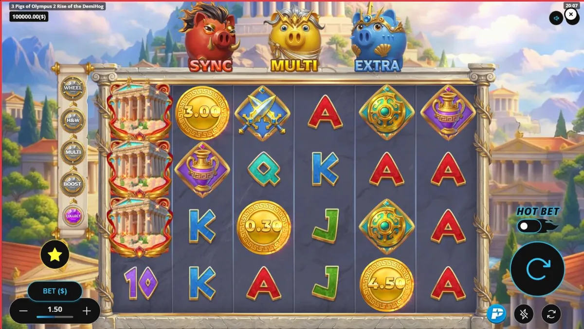 Tampilan visual slot 3 Pigs of Olympus 2 Rise of the DemiHog dengan tema mitologi Yunani