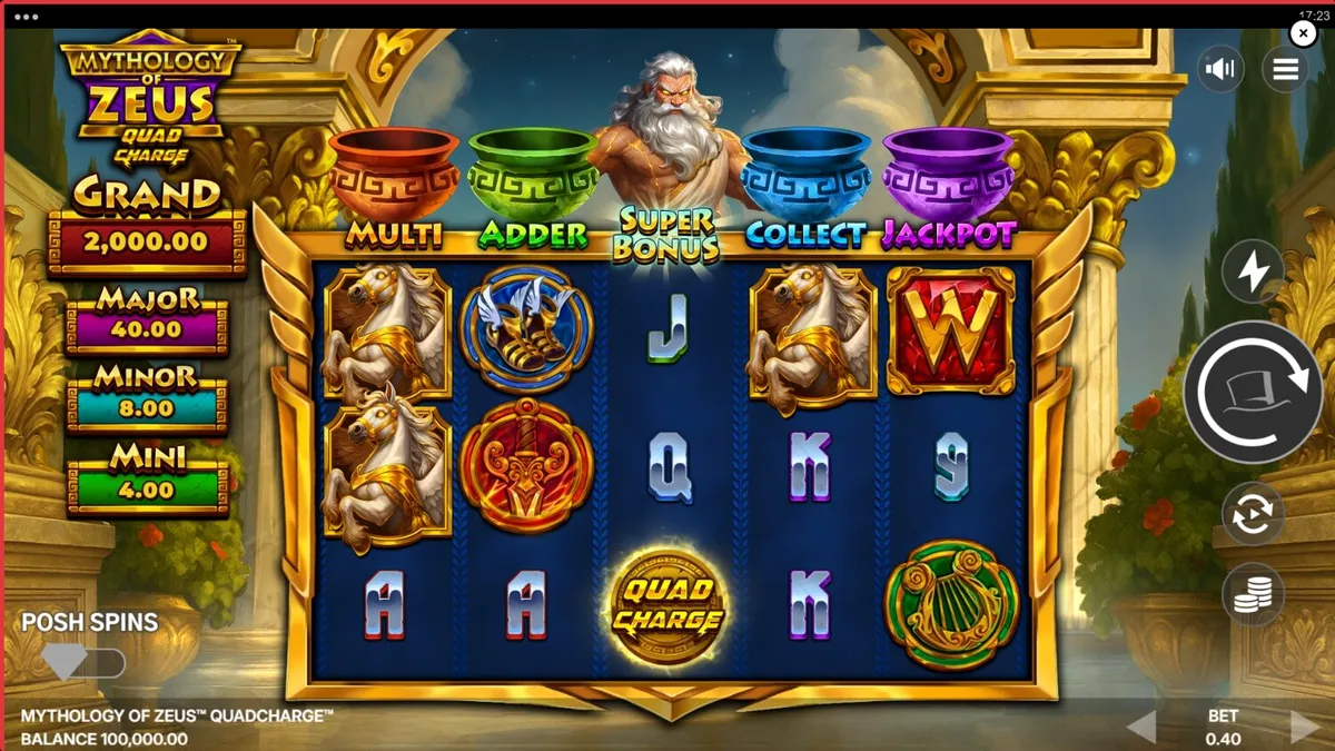 Tinjauan slot Mythology of Zeus QUADCHARGE dengan Zeus di latar belakang