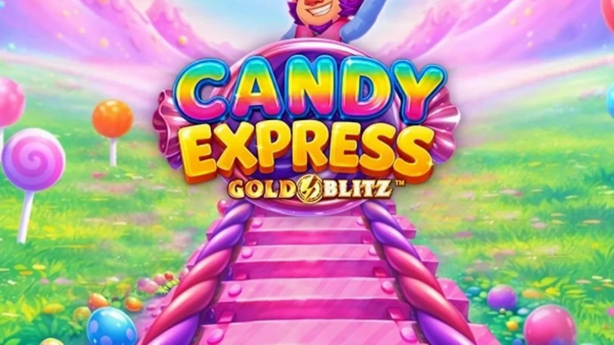 Tampilan visual slot Candy Express Gold Blitz dengan tema kereta permen yang ceria