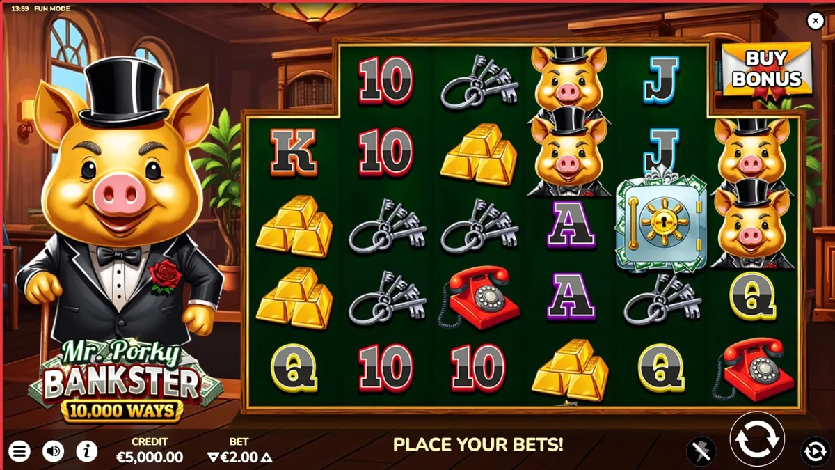 Mr. Porky Bankster 10,000 Ways slot game interface on a mobile device