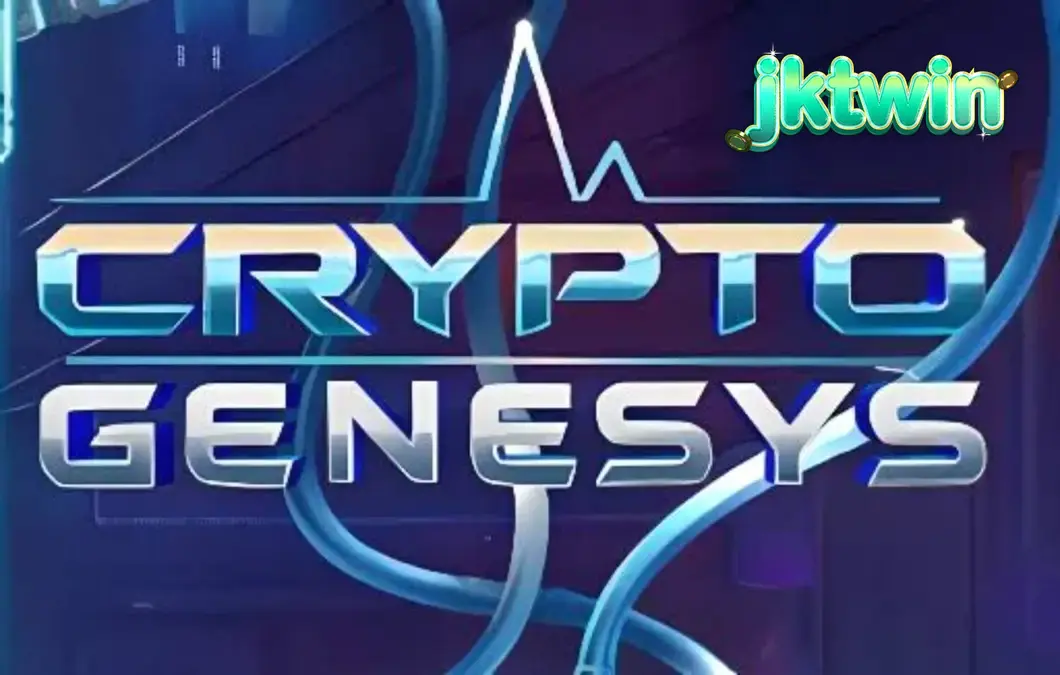Tampilan visual futuristik slot Crypto Genesys dengan elemen neon dan simbol kripto